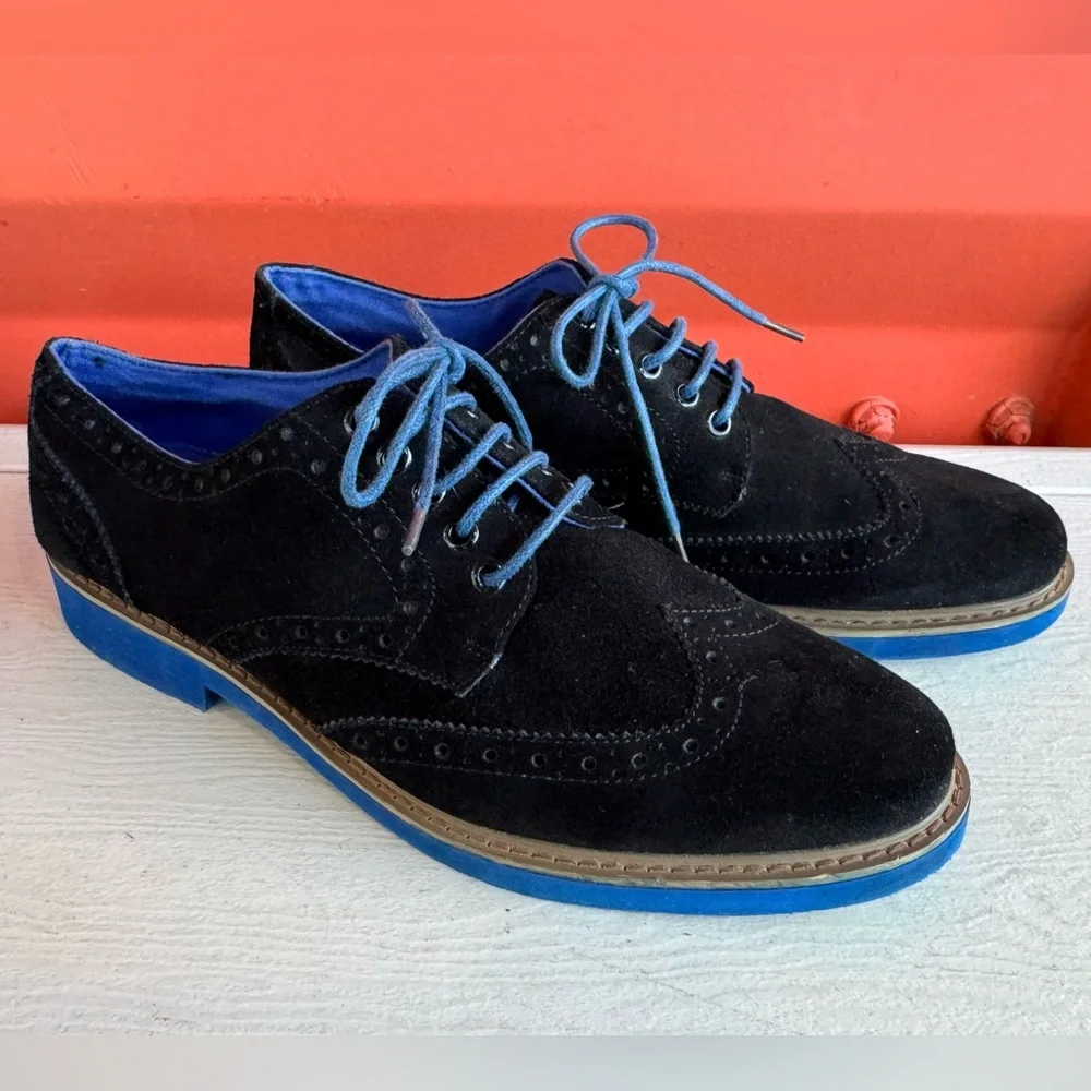 Steve Madden Black Suede Kikstart Oxfords Wingtip with Blue Soles- 9.5M - Picture 2 of 6